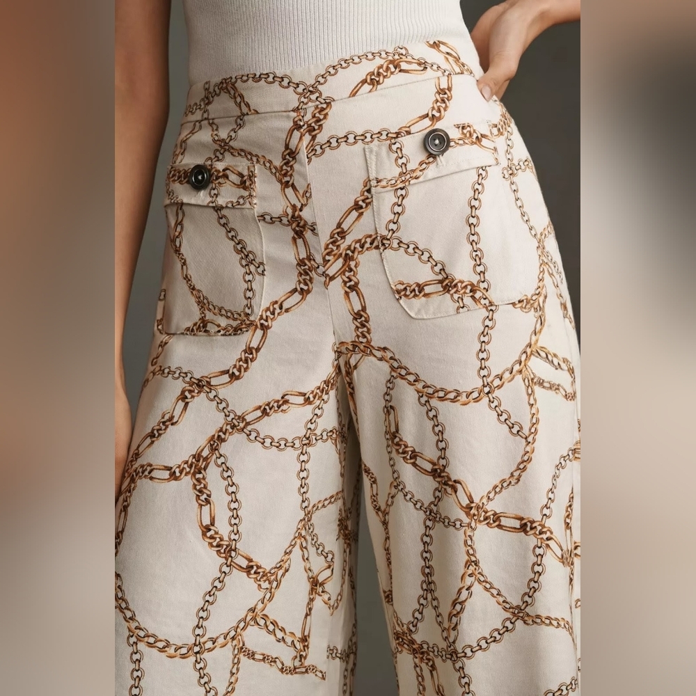 Maeve Anthropologie Cream Wide-Leg Flowy Cropped Chain Print Palazzo Pants Sz 14 - Picture 4 of 12